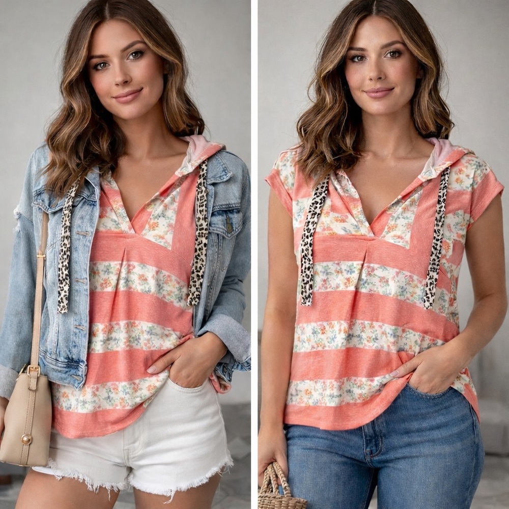 Coral Floral Striped Hoodie Shirt